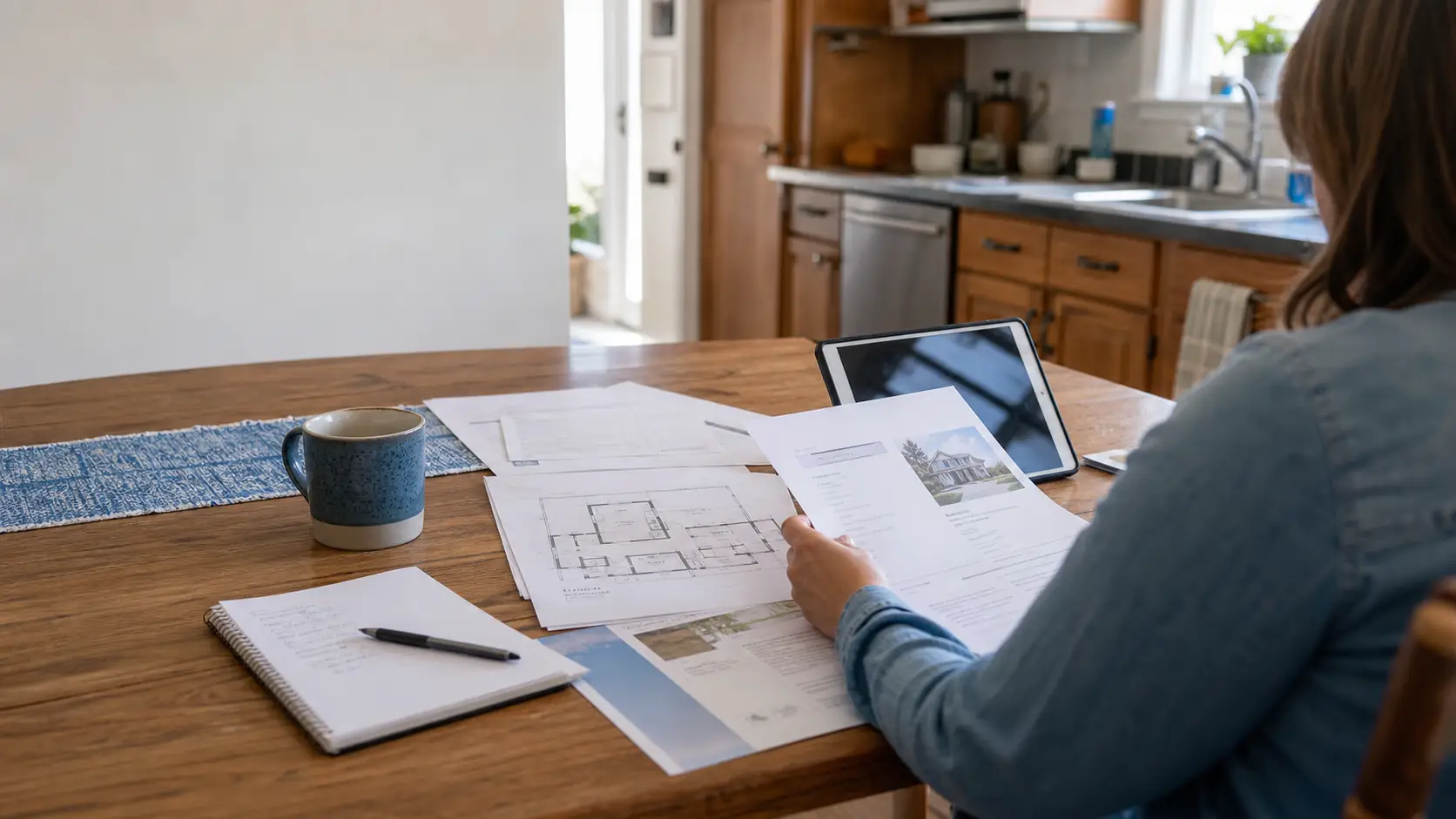 Illustrative homeowner reviewing property documents at a kitchen table